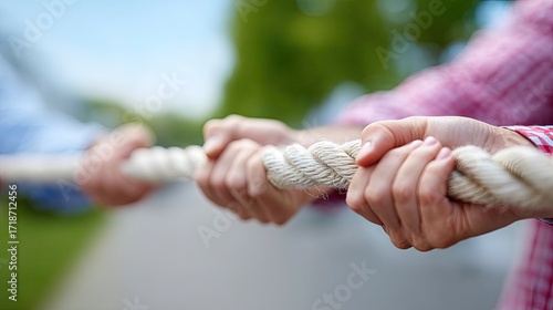 Close Up of Hands Grasping a Thick White Rope in a Tug of War with Green Trees and Sky Background
