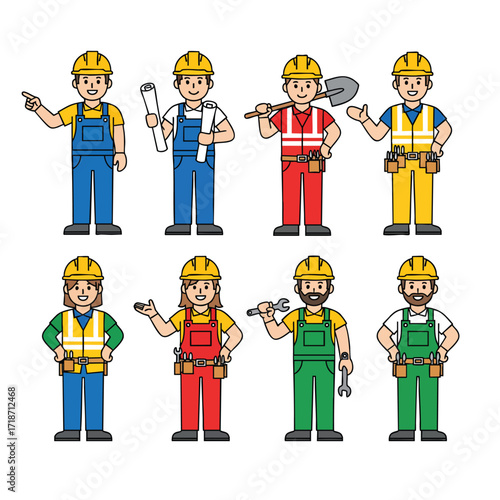 A diverse set of male and female construction worker and builder characters wearing hard hats and holding tools.