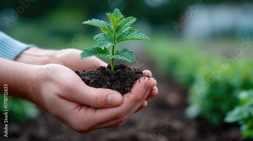 Close Up of Hands Holding a Young Green Sprout with Soil in an Agricultural Field Setting