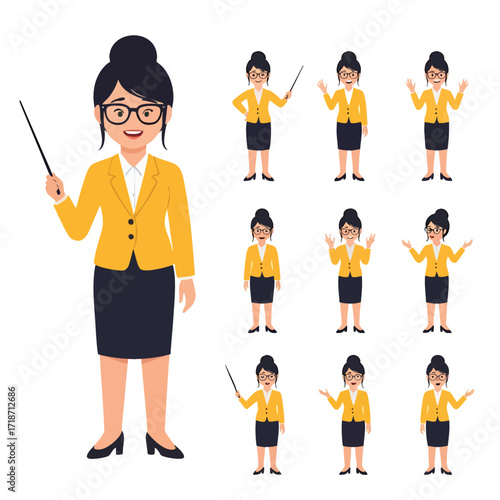 A professional female teacher character set with glasses a yellow jacket and a pointer stick showing various poses and emotions.