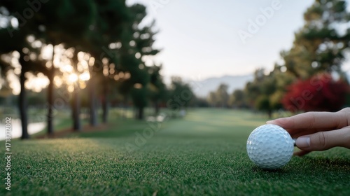 Close Up of Golf Ball on Green Course with Sunlit Trees in Background