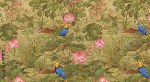 Watercolor Lotus Pond with Blue Birds Floral Pattern.