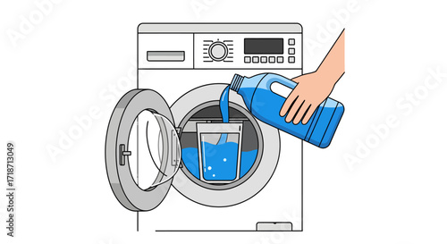 Close-up view of a hand pouring laundry detergent into a washing machine dispenser, clean white background, simple line art style, showcasing a fresh and clean mood,