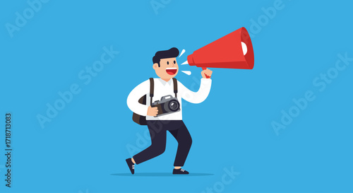 This flat design illustration depicts a smiling photographer holding a camera and a megaphone, announcing a 'Photo Call' with energy and enthusiasm