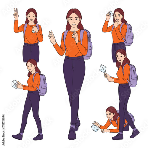 A set of illustrations featuring a young female traveler with a backpack in various dynamic poses.