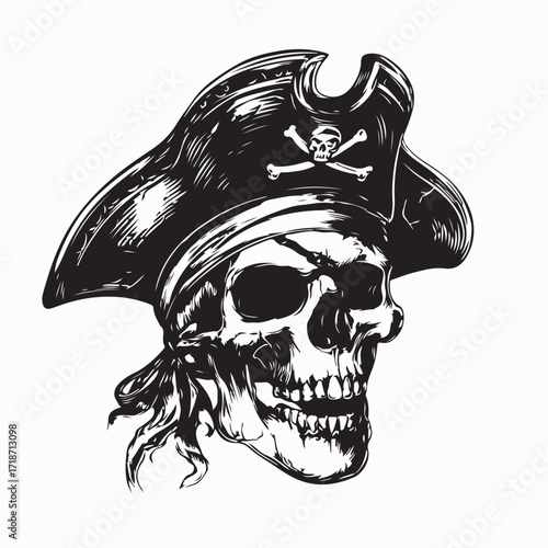 Skull in Pirate Hat Isolated Vector Illustration on white background