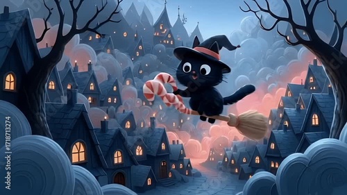 black cat with magic broom