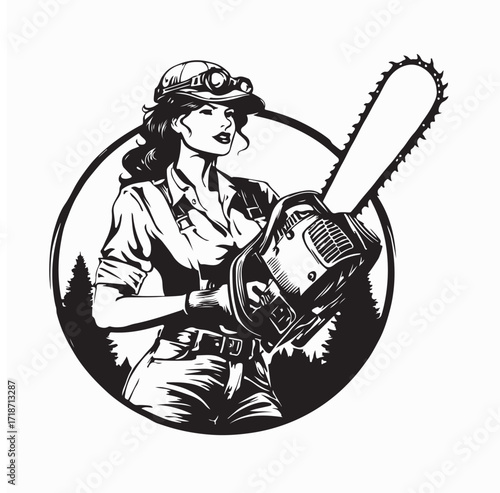 Woman Lumberjack Holding Chainsaw Vector Design on white background
