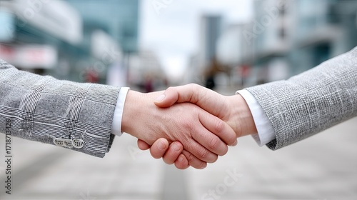 Close Up of Business Handshake with Gray Tweed Jackets and Bright Building Background Depicting Partnership and Agreement