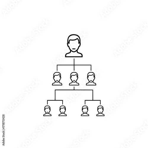 A simple line icon representing a business organizational chart showing a clear hierarchical structure with a leader and subordinates.