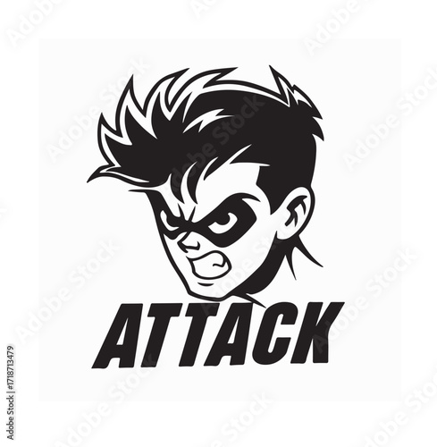 Aggressive Cartoon Fighter Face Vector Logo Design on white background