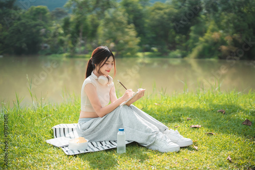 Wallpaper Mural A young woman enjoys spending time writing and reading in the park. Torontodigital.ca