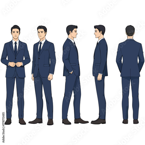 A young businessman in a dark blue suit shown in a full character turnaround from multiple angles.