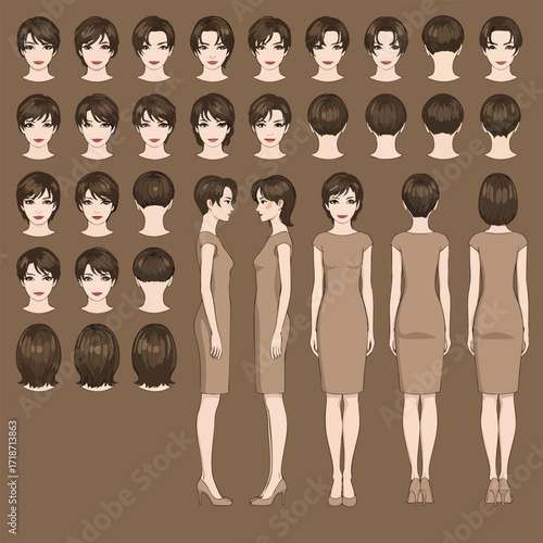 Anime woman character creation set with various short brown hairstyles and full body turnaround views.