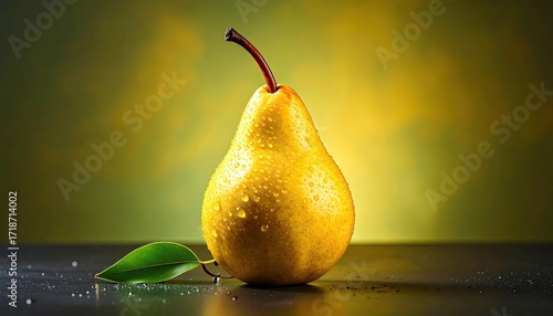 Close Up Studio Shot of a Yellow Pear with Water Droplets Against a Blurry Green and Yellow Background