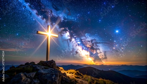 Golden cross on mountaintop under starry night sky