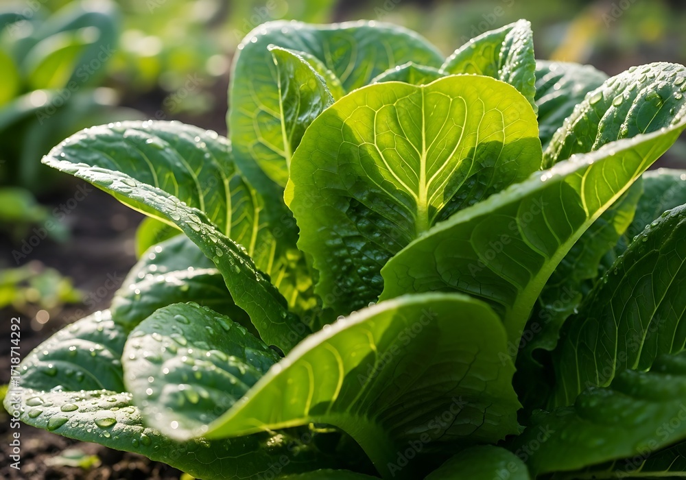 Obraz premium Vibrant romaine lettuce growing in a patch, highlighted by dewdrops