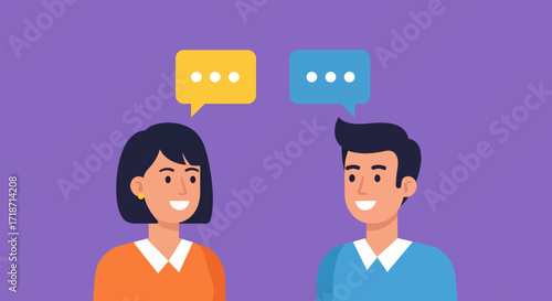 Flat illustration of a man and woman having a conversation, exchanging ideas with speech bubbles above their heads, against a purple background, conveying a friendly and