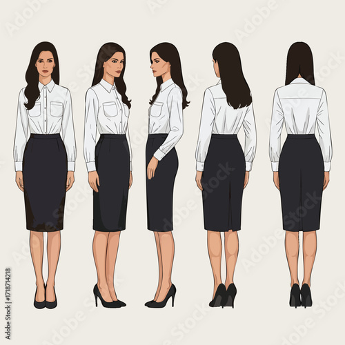 Businesswoman in classic office attire a character turnaround with front side and back views.