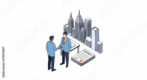 An isometric illustration of a corporate partnership agreement, showing a handshake sealing the deal in front of a city skyline model