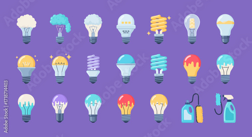 Flat lay of various colorful lightbulb icons against a purple background, illustrating different types of lightbulbs and cleaning supplies, showcasing a vibrant and