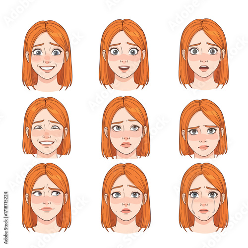 Expressive redhead cartoon girl character set with nine different facial emotions.
