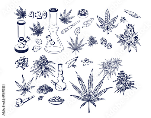 Set of hand drawn cannabis leaves, bong, smoking pipes. Design element