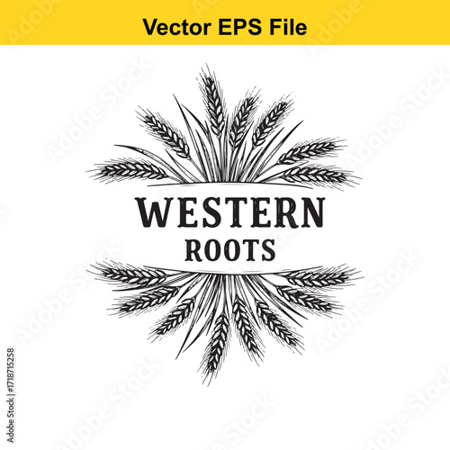 Western roots text with wheat ears emblem isolated on white background