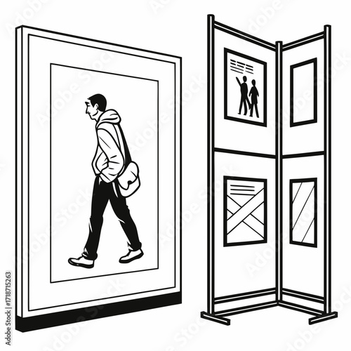 Art exhibition display with framed artwork and a person