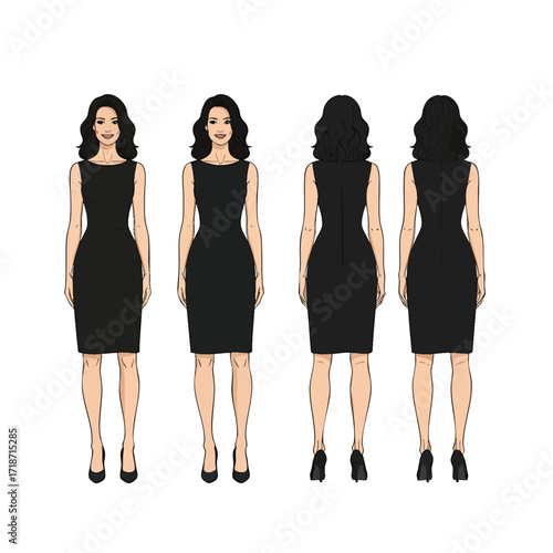 Fashion illustration of a woman in a classic black sheath dress showing front and back turnaround views.