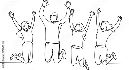 Continuous line drawing, four people jumping with arms raised, celebration, unity concept, teamwork, community support, minimalist art, togetherness illustration, joy, diversity
