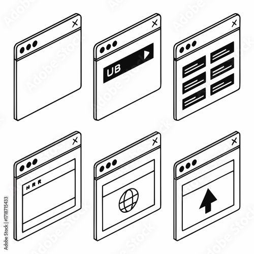 Assortment of Isometric Web Browser Windows interface