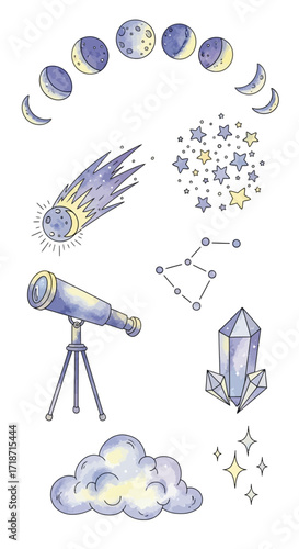 Watercolor Celestial Clip Art Set Featuring Moon Phases, Shooting Star, Stars, Constellation, Telescope, Cloud and Crystal