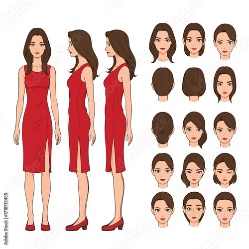 Female character creation set showing a woman in a red dress with various hairstyles and facial expressions.