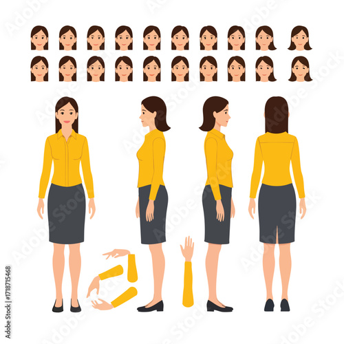 Female character creation set with different views facial expressions and arm gestures for animation.