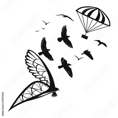 Bird Flock and Parachute Silhouette Illustration birds