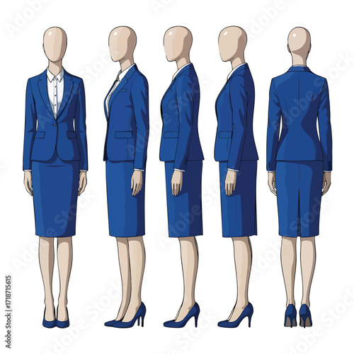 Female mannequin wearing a classic blue business skirt suit from five different angles.