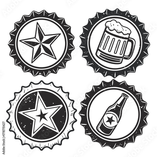 Beer Bottle Mug And Star Emblems In Vintage Style glass