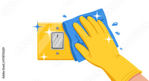 Close-up illustration of a gloved hand cleaning a light switch with a blue cloth, against a white background, conveying a clean and fresh mood.