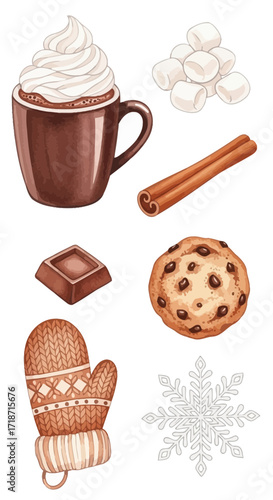 Cozy Winter Treats Watercolor Clip Art Set Featuring Cocoa, Cookies, Mittens, and Festive Elements