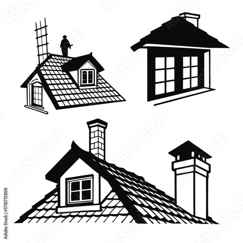 Black And White Roof and Window Silhouettes On White Background