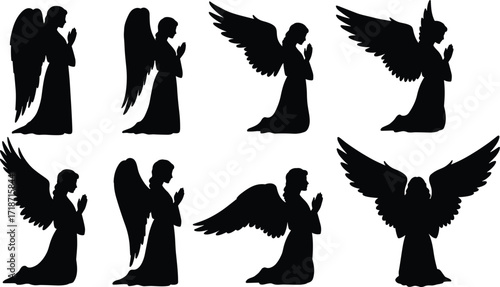 Praying angel silhouette with wings, holy spirit, divine guardian, religious illustration, heavenly figure, spiritual artwork, Christian angel design, peaceful worship