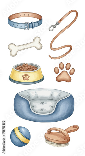 Watercolor Pet Supplies Set A Collar, Bowl, Brush, and More for Your Furry Friend