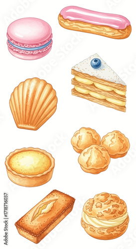 Watercolor collection of French pastries macarons, eclairs, madeleines, tarts, and choux, ideal for bakery designs