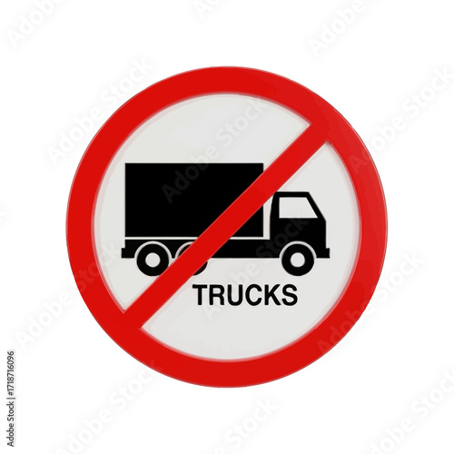 Circular prohibition sign for trucks, featuring a red circle with a diagonal slash and a black truck icon, with the word "TRUCKS" in white.