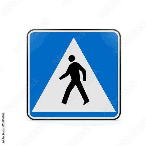 Blue square sign with a white triangle and a black pedestrian silhouette, indicating a pedestrian crossing or zone.