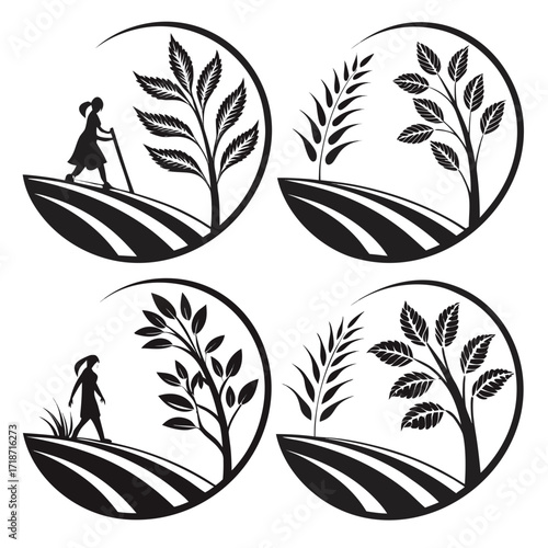 Black Silhouette Icons of People and Trees in Circular Frames