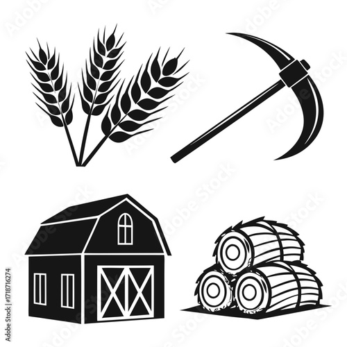 Black silhouette icons of farming and agriculture barn