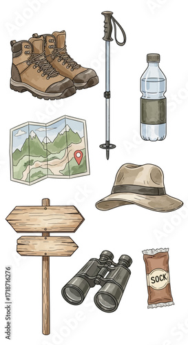 Outdoor Adventure Gear Watercolor Clip Art Set of Hiking Boots, Map, and Accessories