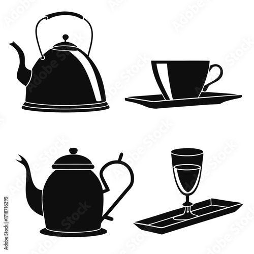 Black Silhouette Icons of Teapots and Drinks Keywords: tea, coffee, teapot, kettle, cup, saucer